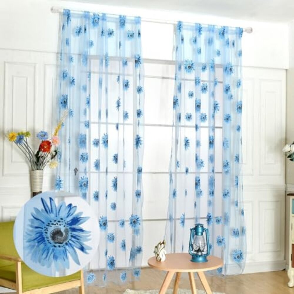 Sunflower Window Curtain, 2PCS Sun Flower Floral Voile Sheer‎ Curtain Panels